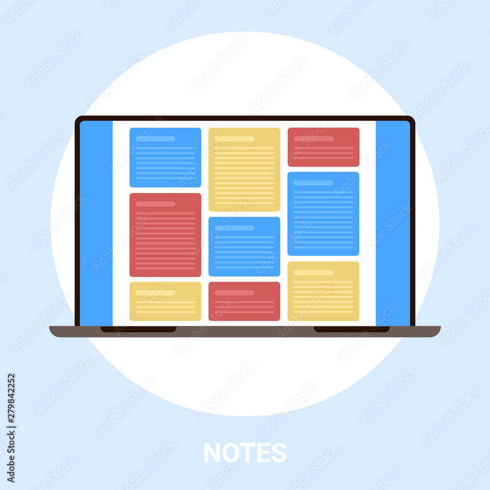 Poster laptop screen with colorful notes computer application user interface development organizer reminder
