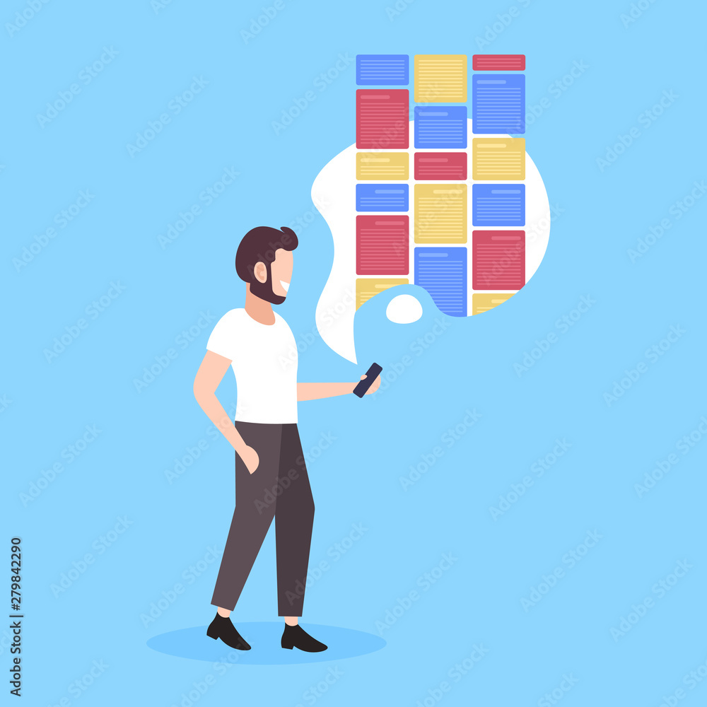 Poster man holding smartphone using notes digital mobile application creative organizer reminder concept fu