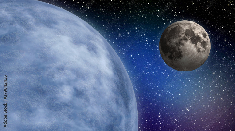 Wall mural planet earth and moon simulation with stars for space travel background