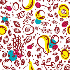 Seamless brush strokes colorful pattern with summer garden fruits apple, pear, peach, cherry, apricot, grapes, raspberry, strawberry, gooseberry, currant .