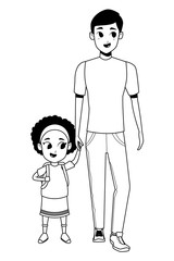 Family single father with children in black and white