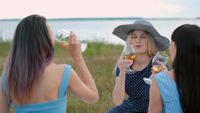 Three young women, in blue dresses, and hats, sit on plaid and drink wine from glasses. Outdoor picnic on grass in forest. Delicious food in picnic basket. Watermelon, and bouquet of daisies.