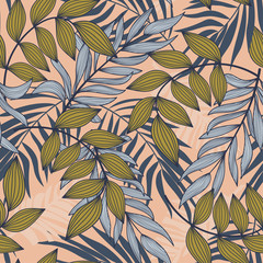 Abstract seamless pattern with colorful tropical leaves and plants on beige background. Vector design. Jungle print. Flowers background. Printing and textiles. Exotic tropics. Fresh design.