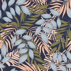 Abstract seamless pattern with colorful tropical leaves and plants on pastel background. Vector design. Jungle print. Flowers background. Printing and textiles. Exotic tropics. Fresh design.
