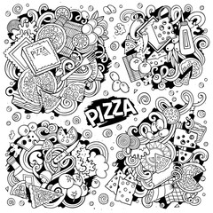 Line art vector hand drawn doodles cartoon set of Pizza combinations