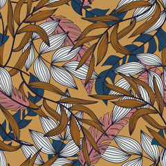 Summer abstract seamless pattern with colorful tropical leaves and plants on orange background. Vector design. Jungle print. Flowers background. Printing and textiles. Exotic tropics. Fresh design.
