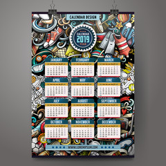Cartoon colorful hand drawn doodles Sports 2019 year calendar template.