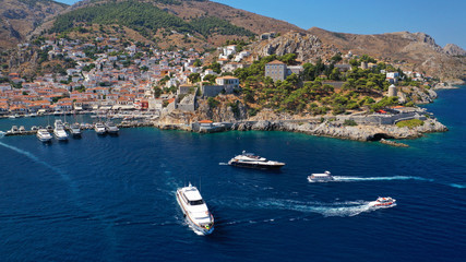 Fototapeta premium Aerial drone panoramic photo of picturesque port and main village of Hydra or Ydra island with beautiful neoclassic houses, Saronic gulf, Greece