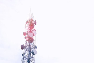 Modern telecommunication (5G,4G) post with copy space on white background.Digital wireless connection system.Cellular telephone network.Development of communication  .Antenna