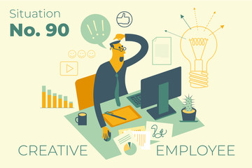 Cartoon character illustration for web design, presentation, infographic, landing page: Man uses cloud service. The employee sits at the computer in the office.