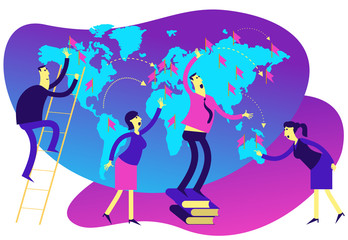 Flat illustration design for presentation, web, landing page, infographics: men businessmen and women stick flags on the world map. An international Corporation, a network of branches or outlets.