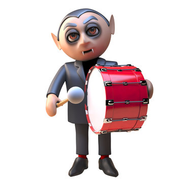 3d Dracula Vampire Character Dressed In Black And Beating A Death March On A Bass Drum, 3d Illustration