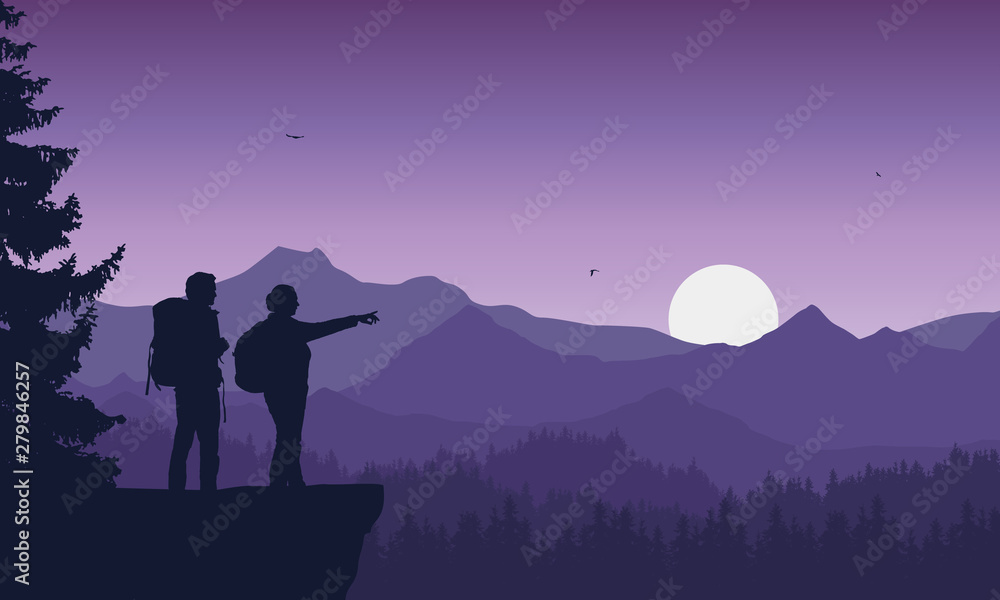 Wall mural realistic illustration of two tourist, man and woman with backpack, mountain landscape with conifero