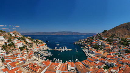 Aerial drone panoramic photo of picturesque port and main village of Hydra or Ydra island with...