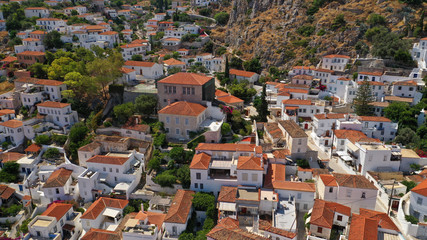 Fototapeta na wymiar Aerial drone photo from picturesque main town of Hydra or Ydra island, Saronic gulf, Greece