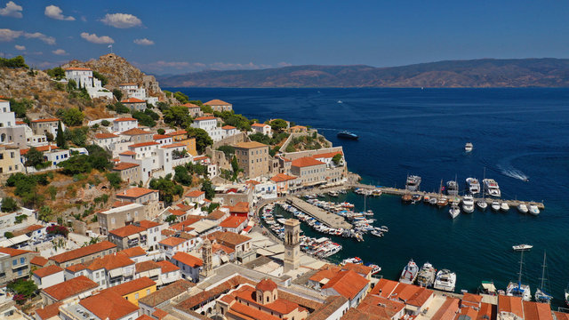 Aerial drone photo from picturesque main town of Hydra or Ydra island, Saronic gulf, Greece