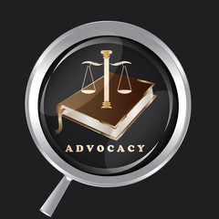 Scales of justice, a book with metal corners, a magnifying glass - black background - vector. Advocacy