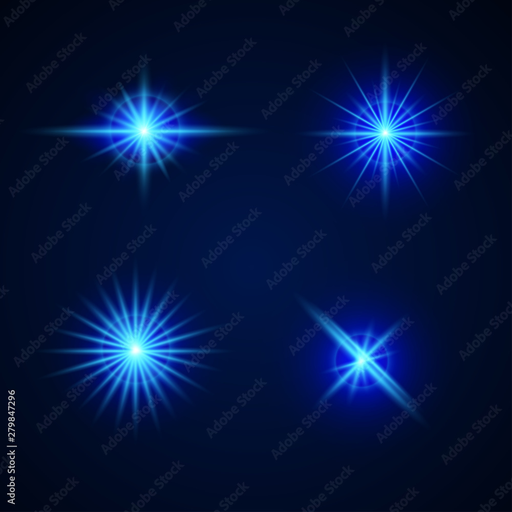 Poster Blue Light Effects on blue background. Glowing lights effect. Starburst with sparkles.. vector illustration.