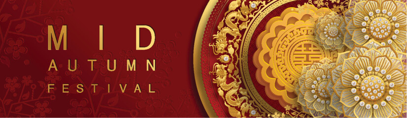 Mid Autumn festival or Moon festival with rabbit and moon, mooncake ,flower,chinese lanterns with gold paper cut style on color Background. 