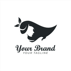 logo template of beautiful woman's face with long hair and leaf in black color