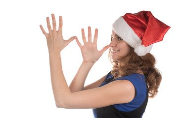Girl in a red Christmas hat with different funny emotion on face on a white background