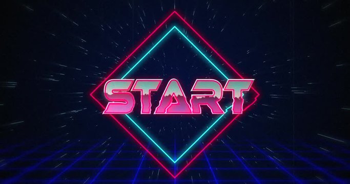 Retro Start text glitching over blue and red squares 4k