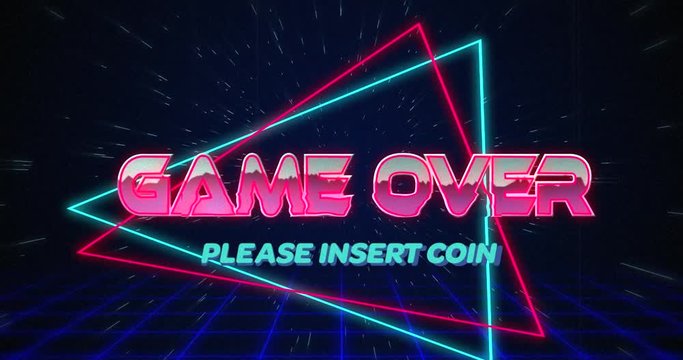 Retro Game over text glitching over blue and red triangles on white hyperspace effect 4k - Powered by Adobe