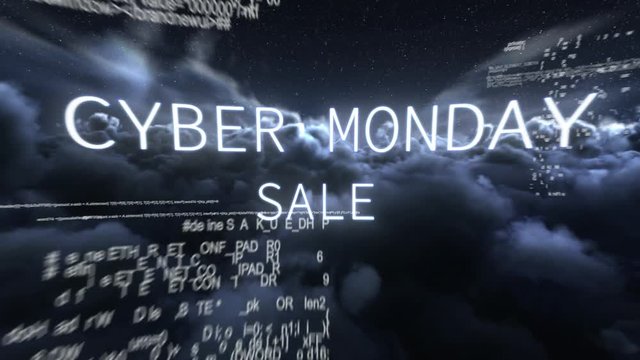 White Cyber Monday sale text appearing among clouds in stormy sky