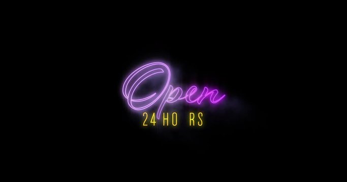 Emerging purple Open 24 Hours neon billboard 4k