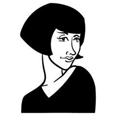 monochrome vector illustration of a woman with 20s hairstyle.  scribble, outline, comic, ink, sketch, doodle, vector, illustration, line, cartoon, black, white, drawing, stroke, monochrome.
