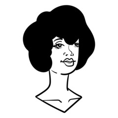monochrome vector illustration of a woman with 20s hairstyle.  scribble, outline, comic, ink, sketch, doodle, vector, illustration, line, cartoon, black, white, drawing, stroke, monochrome.