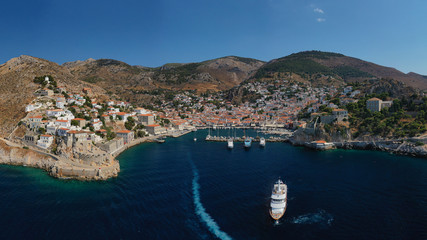 Aerial drone photo of picturesque port and main village of Hydra or Ydra island with beautiful...