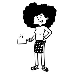 Cartoon drawing of a woman with black curly hair holding a pan in her hand and wearing a cooking apron.  Vector, Character, Outline, Doodle, Illustration.