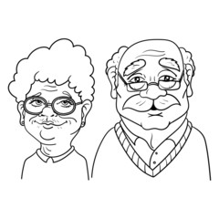 Cartoon drawing of an old granny and grandpa wearing glasses.  Vector, Character, Outline, Doodle, Illustration.