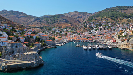 Fototapeta premium Aerial drone photo of picturesque port and main village of Hydra or Ydra island with beautiful neoclassic houses, Saronic gulf, Greece