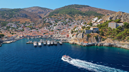 Aerial drone panoramic photo of picturesque port and main village of Hydra or Ydra island with...