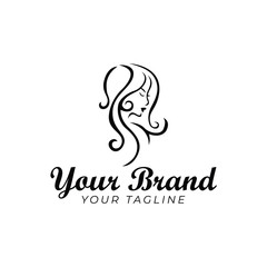 logo template of woman face and hair in black and white