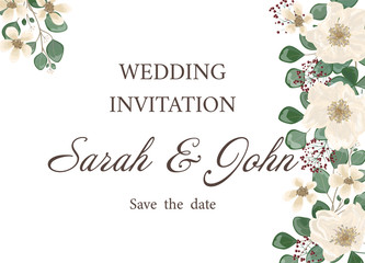 Wedding invitation with flowers and leaves, watercolor, isolated on white. Vector Watercolour.