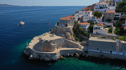 Aerial drone photo of picturesque port and main village of Hydra or Ydra island with beautiful neoclassic houses, Saronic gulf, Greece