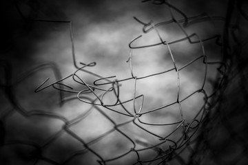 Damaged torn wire fence mesh, macro photo, soft art selective focus
