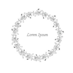 Fototapeta premium Round border of papaver aquilegia fruits, Lorem Ipsum monochrome graphic hand drawn design element stock vector illustration for web, for print, for coloring page