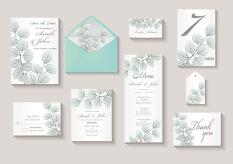 Wedding invitation with leaves eucalyptus,isolated on white. Vector 