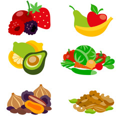 Set of vegetables, fruits, berries and nuts