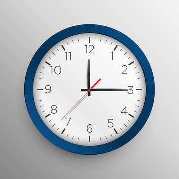 Realistic blue wall clock on gray background