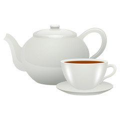 White teapot and white cup of tea / coffee. Vector illustration