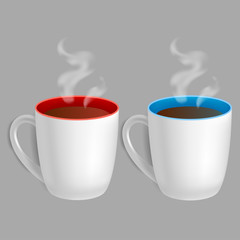 Two realistic mugs of tea: blue and red