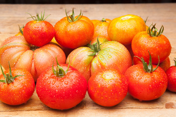 Fototapeta premium Foto de conjunto de tomates maduros, tomates sanos, saludables de buen sabor, preparados para comer, se pueden comer crudos o cocinados en salsas, mermeladas, sopas, sofritos, se pueden rellenar, se p