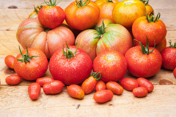 Tomates maduros y tomates cherry juntos en la misma foto. Foto de conjunto de tomates saludables y...
