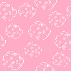 Gentle girlish seamless pattern with white doodle clouds on pink background. Nice hand drawn design for baby shower party, children textile or wallpaper. Vector illustration.