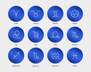 Zodiac constellation icons gradient background. Horoscope astrology line stylized symbol set. Vector collection of all 12 zodiacal constellations on blue gold background